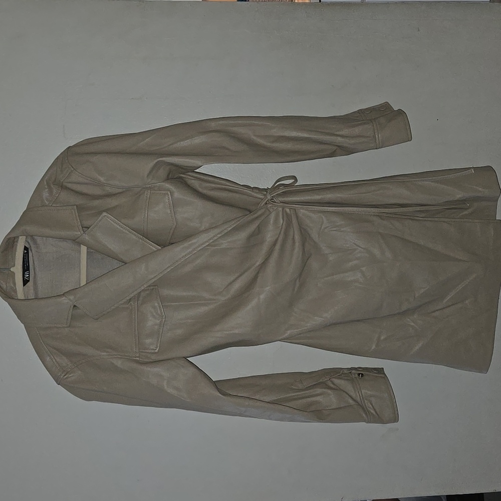 Zara leather tan wrap coat XS overlap Pockets Tie At Waist & Elastic